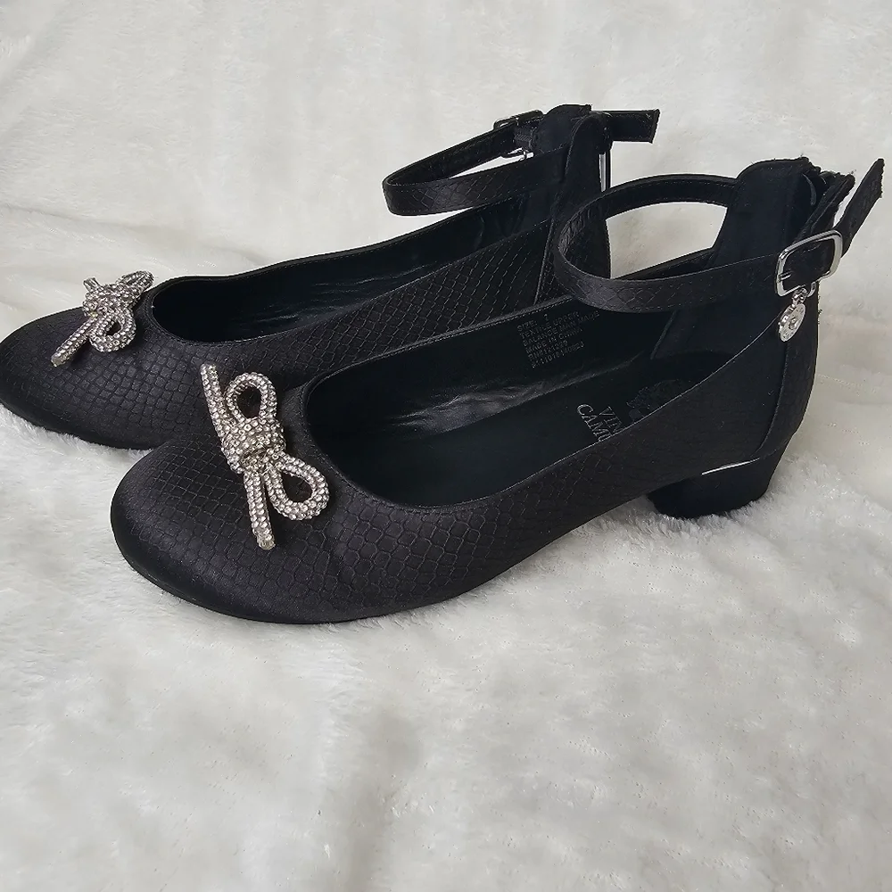 Vince Camuto Black Dress Shoe Girls Youth Size 2‎ Ankle Strap Silver Bows Heel